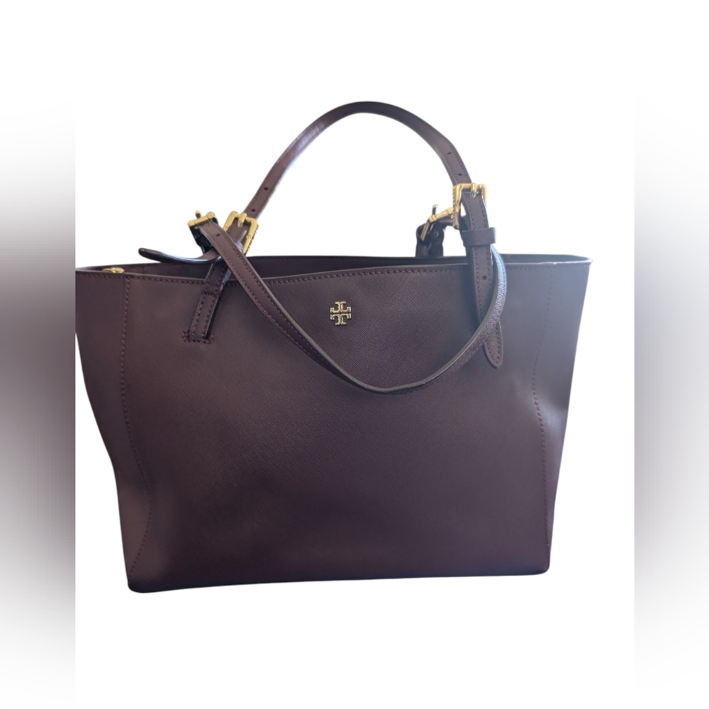 Tory Burch Burgundy Saffiano Leather Tote with Gold Hardware